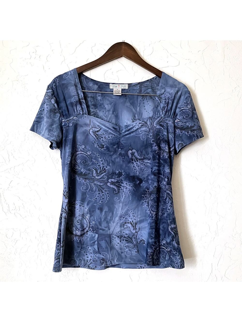 Vintage Suzie Blue Paisley Top M Shimmer Accent Short Sleeve Sweetheart Boho Y2K